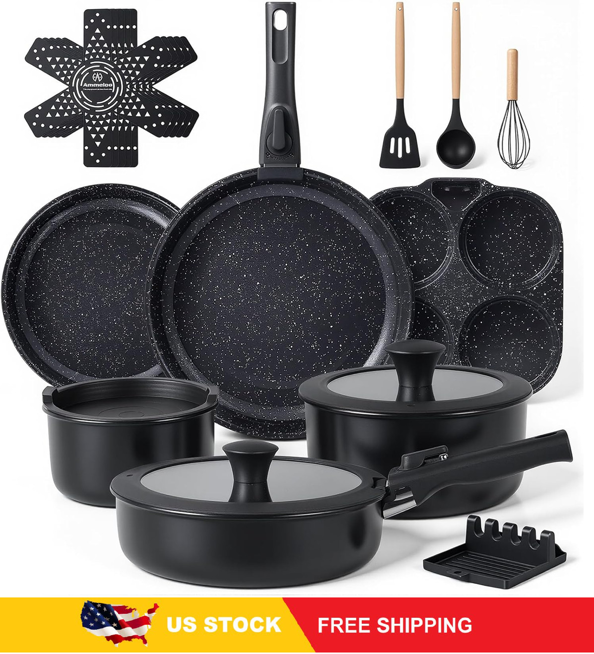 Ammeloo 21-Piece Ceramic Pots and Pans Set Non Stick with Detachable Handles