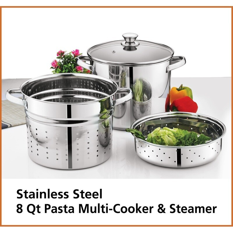 4 Piece Stainless Steel Multi Cooker Set W/ Glass Lid Steamer Colander Pot New