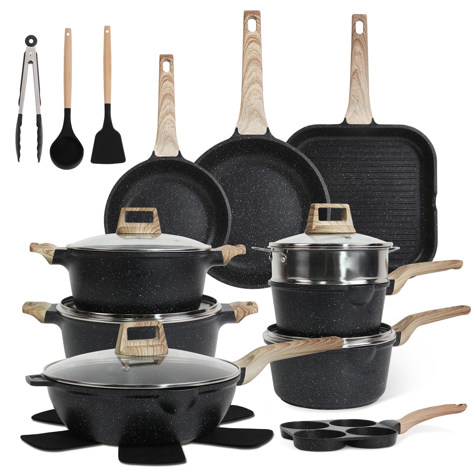 Pots and Pans Set, Nonstick Kitchen Cookware Sets，23Pcs Black Granite Inducti…