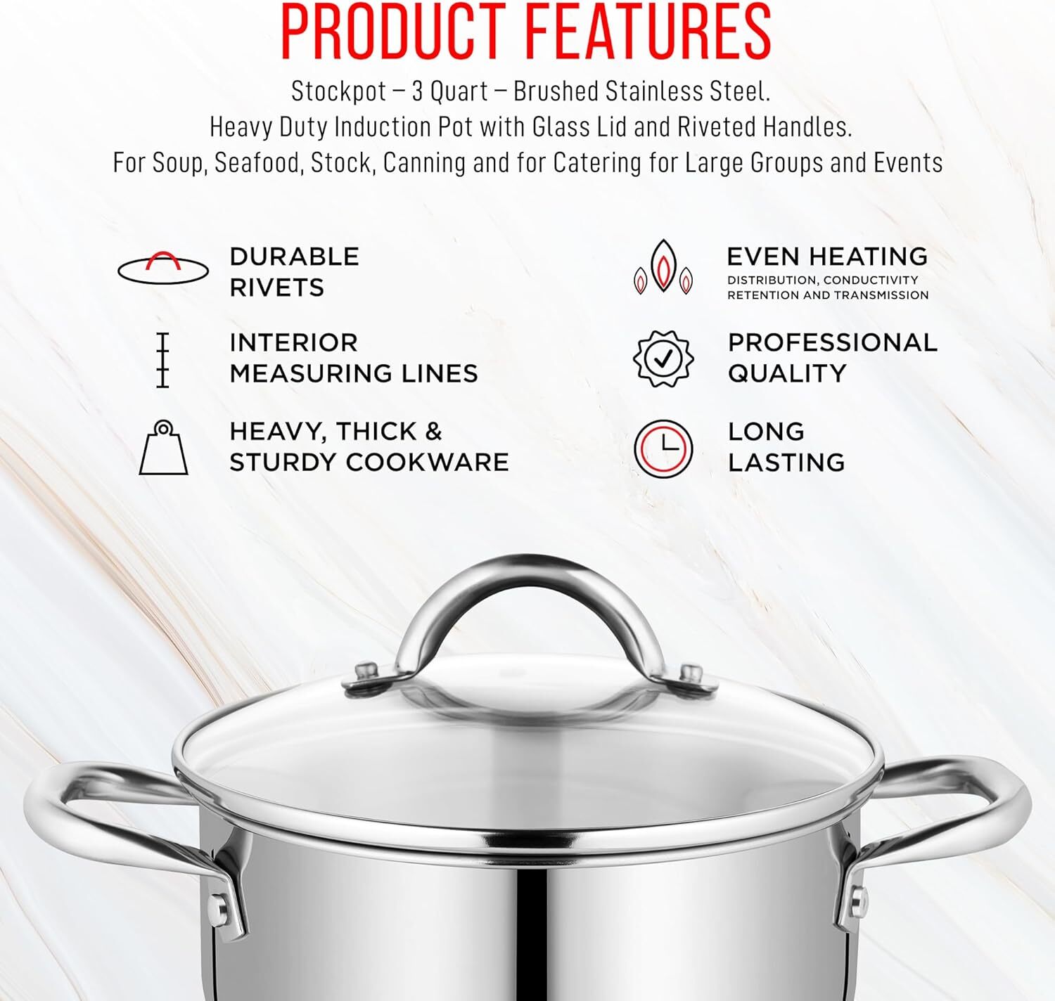 Bakken-swiss, Deluxe, 3-quart, Stainless Steel, Stockpot, Tempered Glass Lid