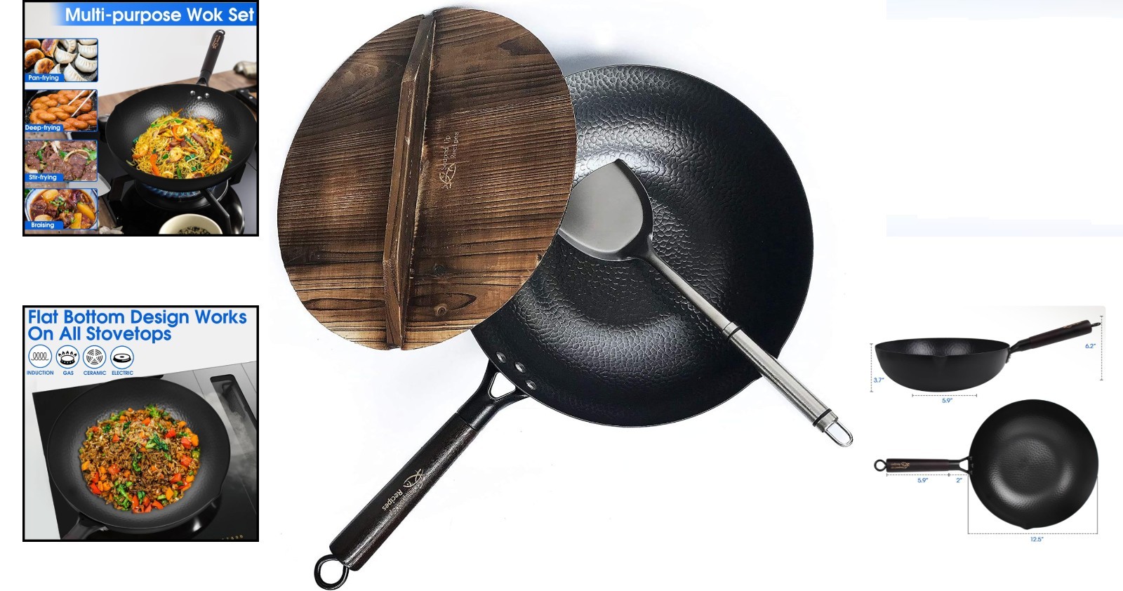 12.5-inch Carbon Steel Wok Set Flat Bottom Electric Gas Induction with Lid & …