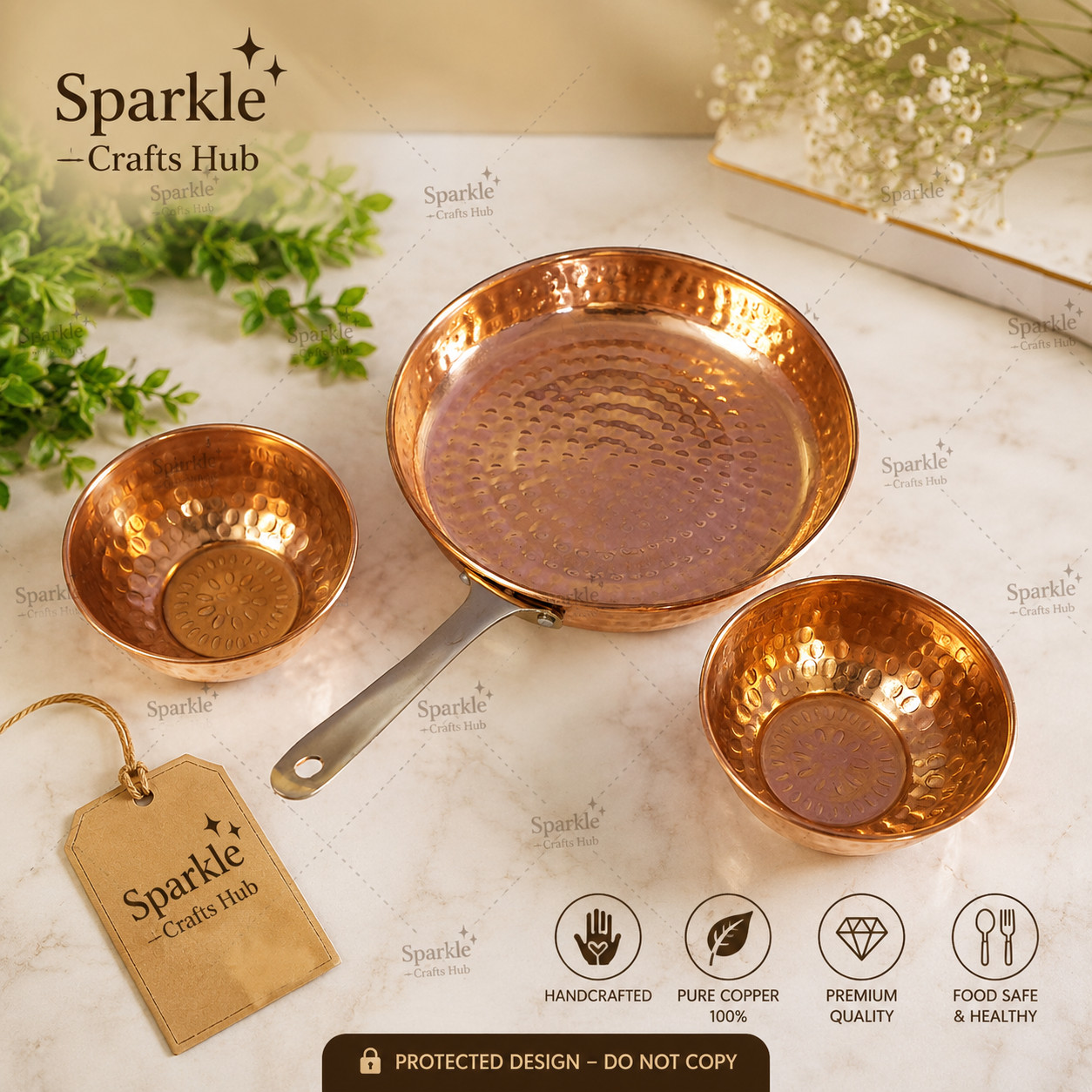 Pure Copper Fry Pan, Tadta Pan Kitchware, Homeware Tableware With 2 Serving Bowl