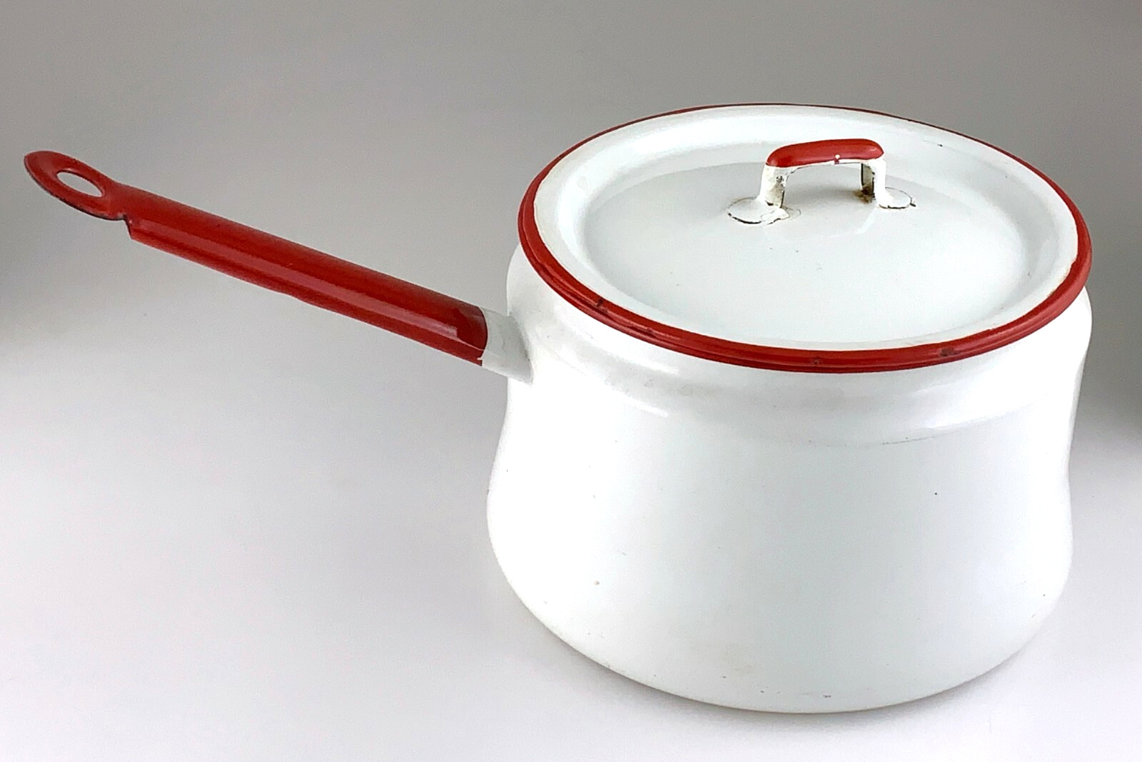 1950s Vintage White and Red Enameled Metal Cooking Sauce Pot Shabby Chic U867