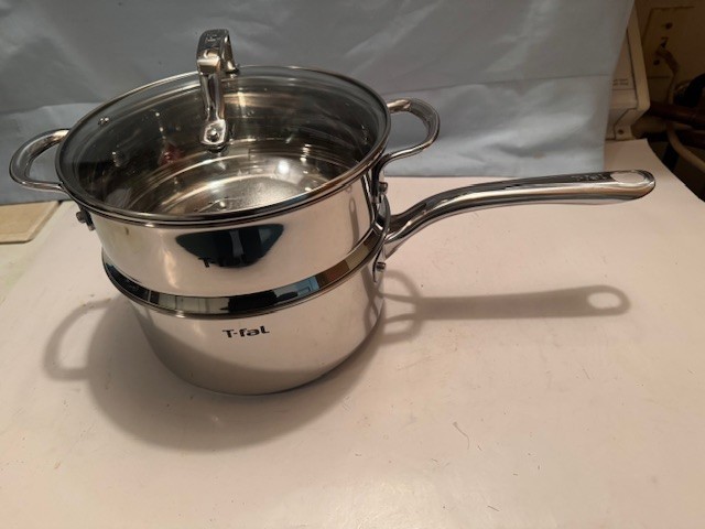 NEW T-FAL TRI PLY STAINLESS STEEL 3.2 QT SAUCEPAN W/ STEAMER & LID GAS/ELECT +