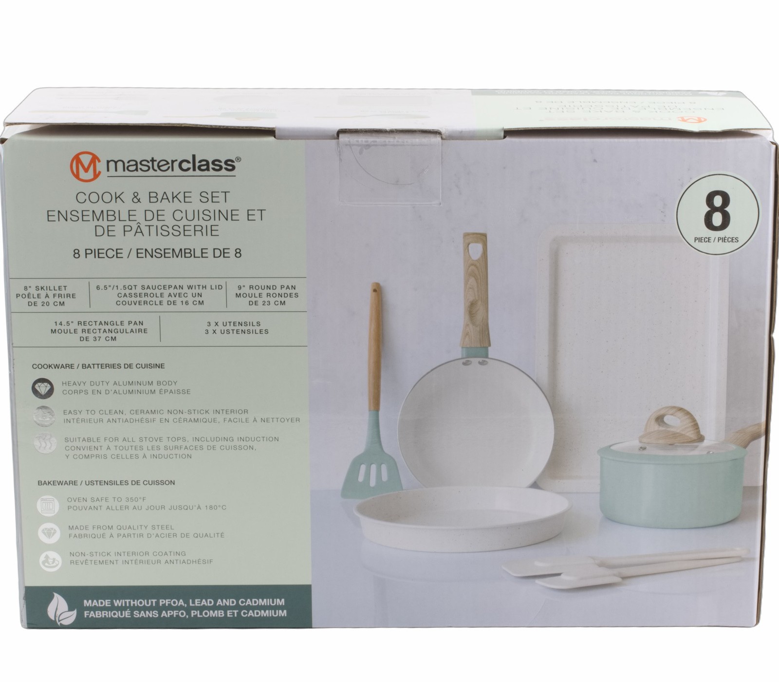 Masterclass Cookware 8 Piece Set Skillet Sauce Pan White Mint Green