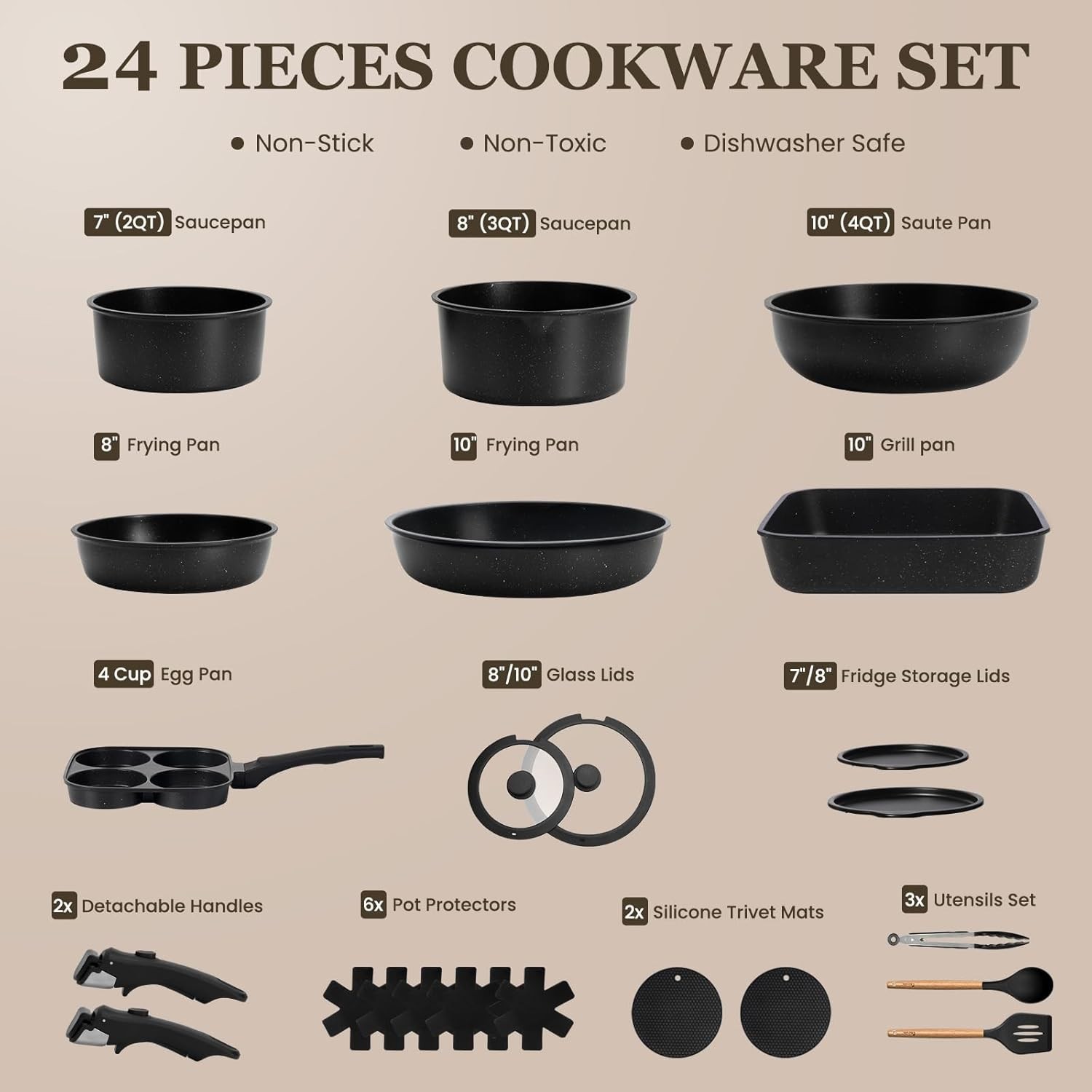 Nonstick Cookware Set with Detachable Handles 24 Pieces Kitchen Pots Pans