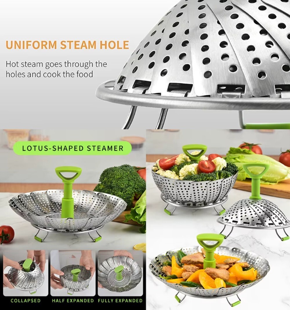 Folding Stainless Steel Steamer Basket 5.5–9″ – Expandable & Dishwasher‑Safe