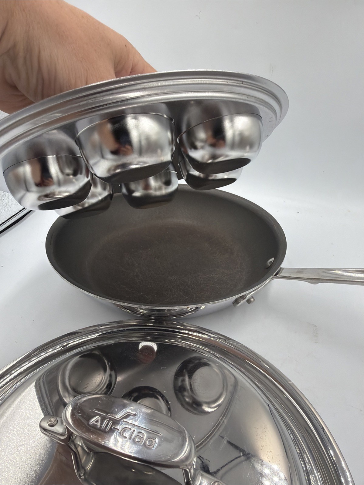Rare All-Clad Stainless Steel 10” D5 Saute Pan Skillet with Poached Egg Insert