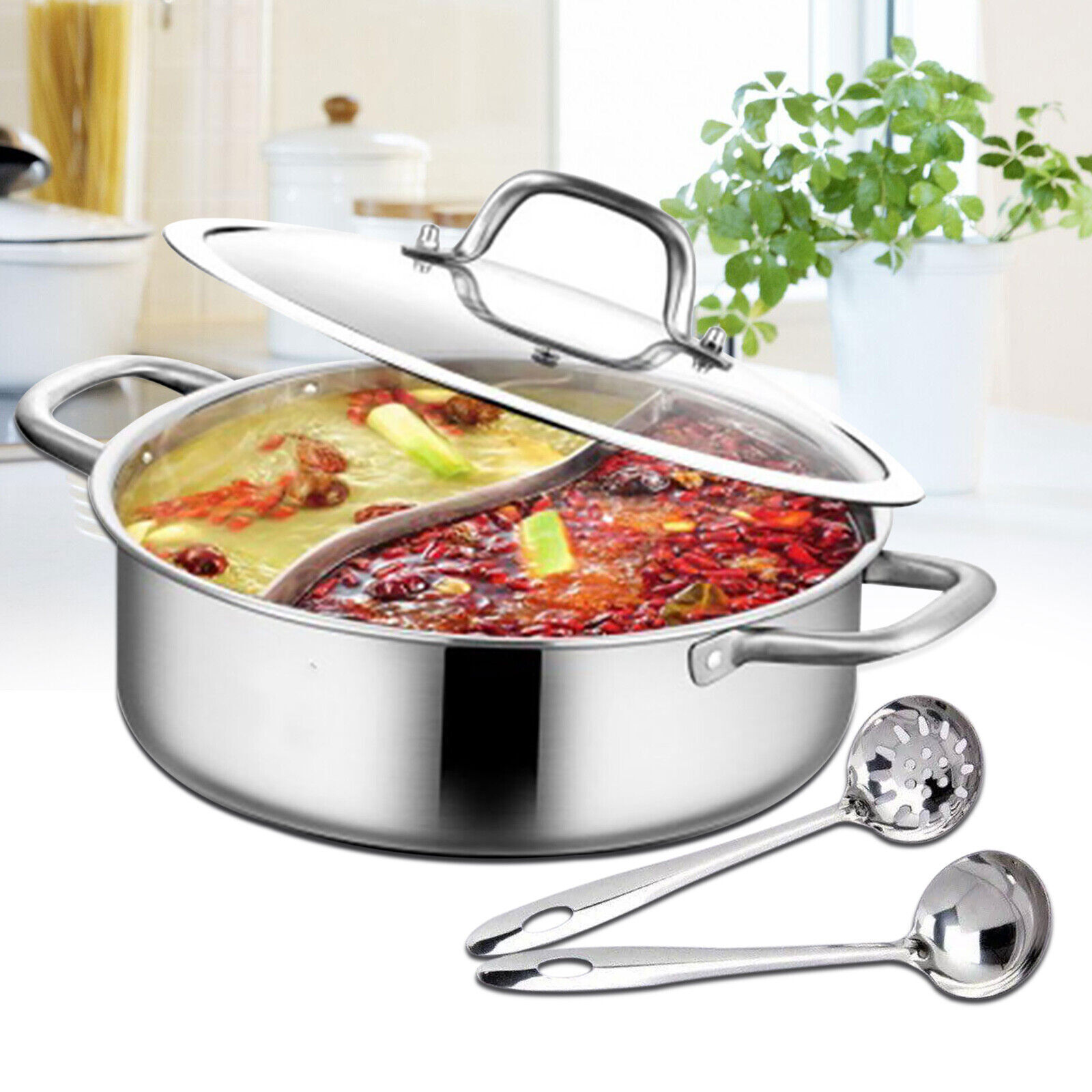 28/32cm Stainless Steel Shabu Shabu Dual Sided Cooking Soup Hot Pot with Lid