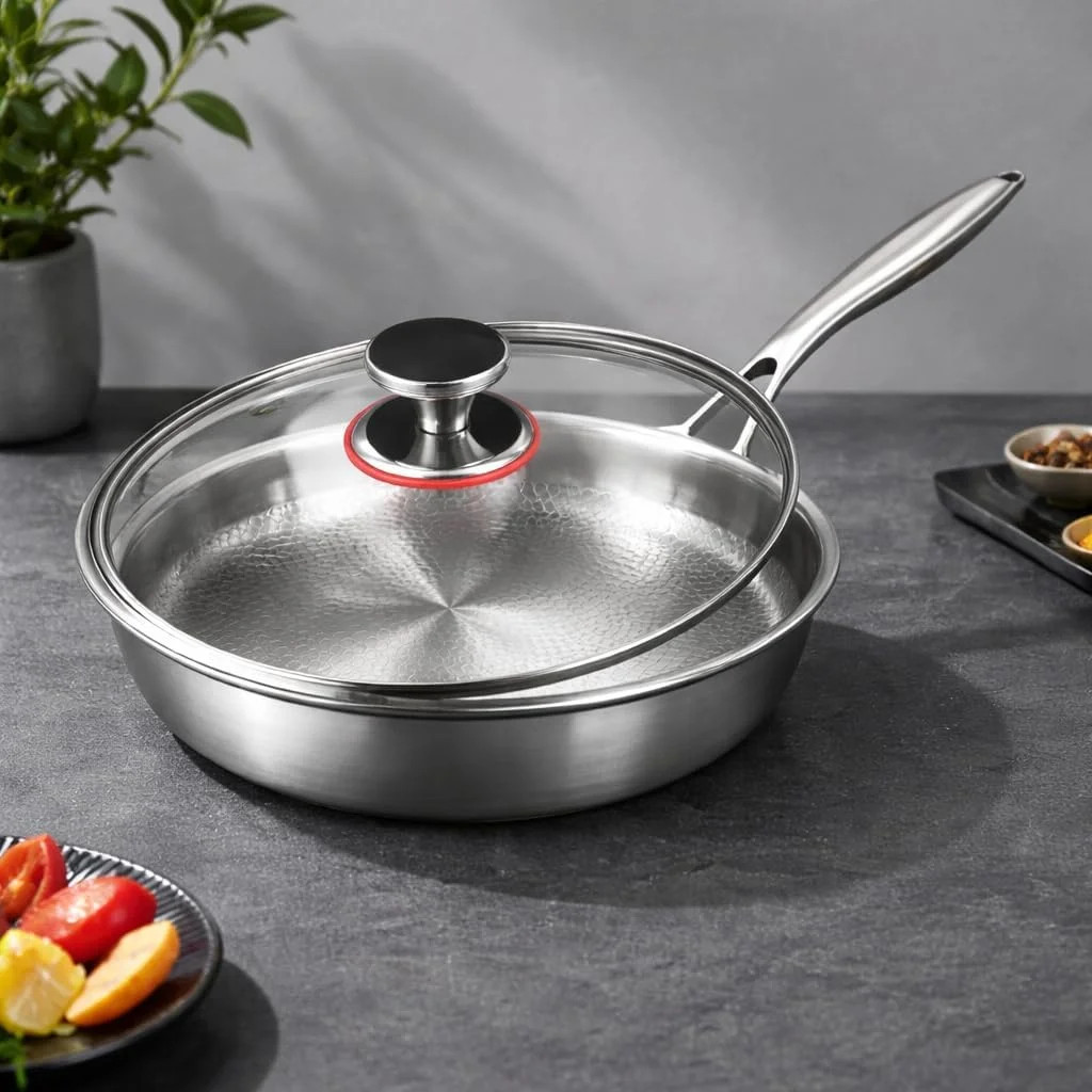 Titanium Frying Pan with Lid, 26cm Professional Stainless Steel Skillet, Nonstic
