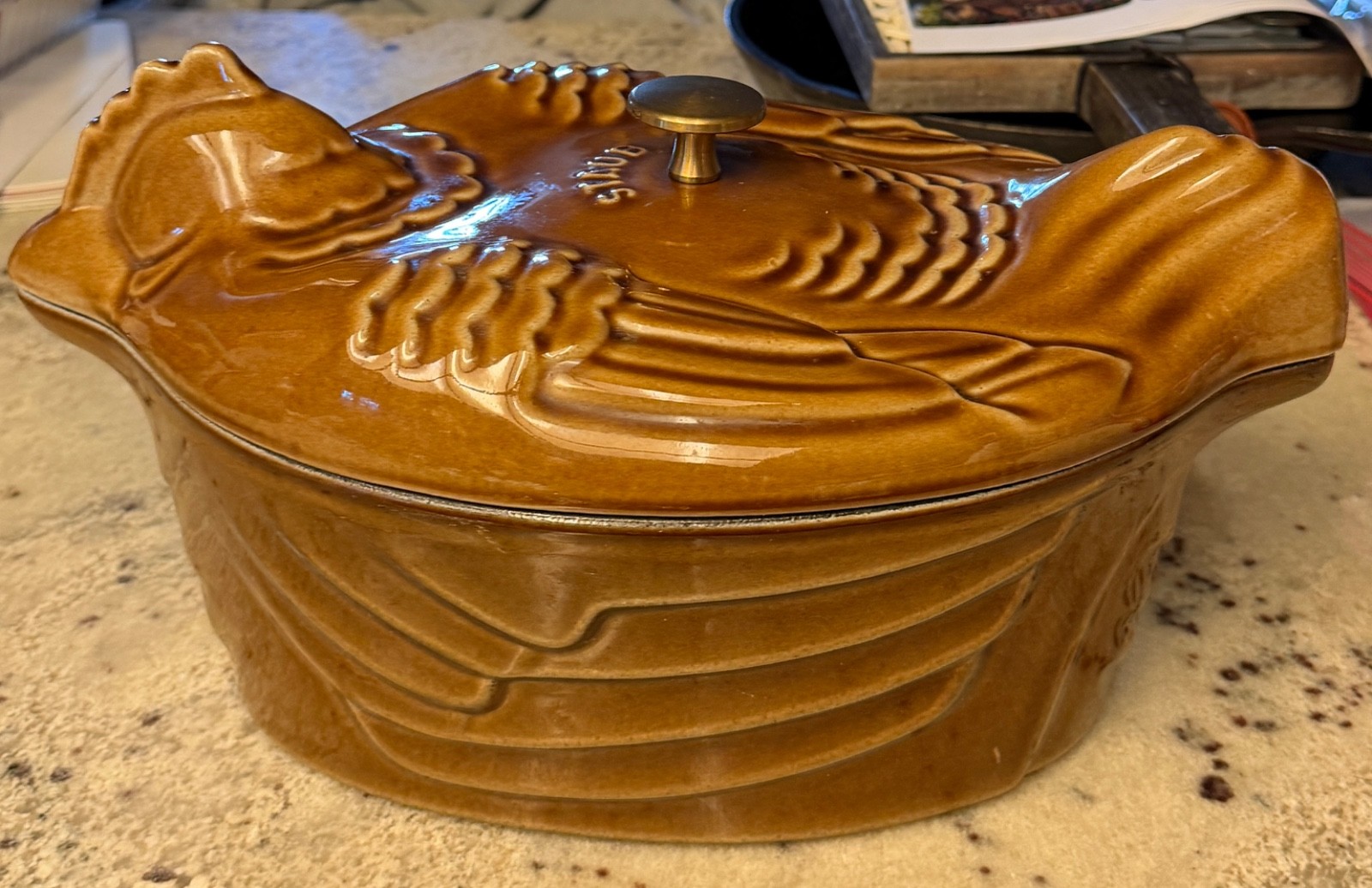 NEW 5 qt Staub Caramel Brown Cast Iron Chicken Cocotte Covered Casserole France