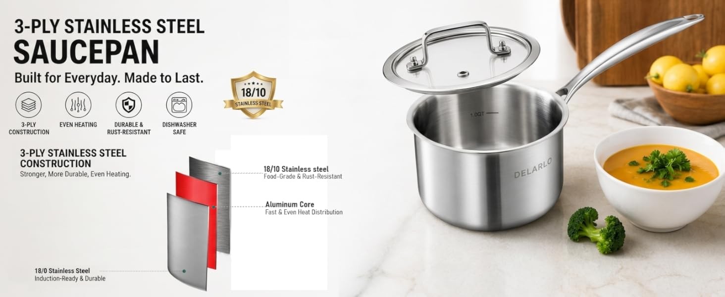 Kitchen Pot Set, Tri-Ply Stainless Steel Saucepan Set, 1.0QT 2QT 3.5QT, Cooking