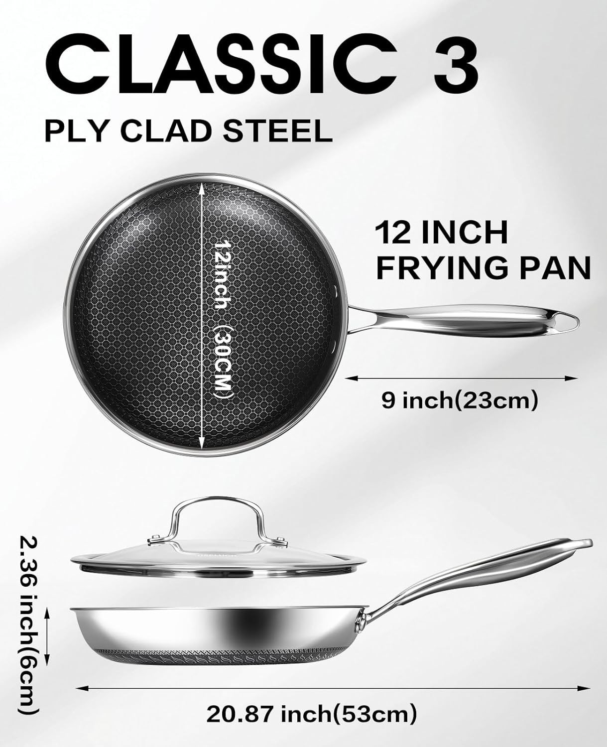 12-Inch Nonstick Frying Pan with Glass Lid – Honeycomb Surface & Dishwasher Safe