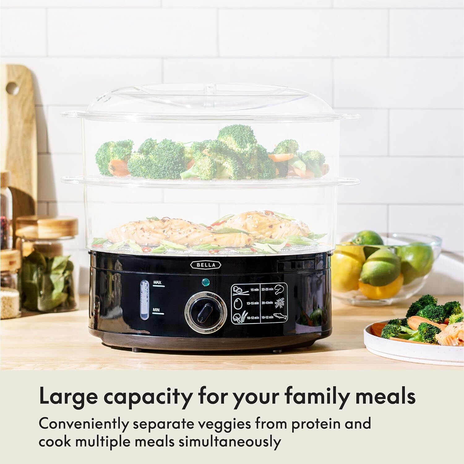 BELLA 7.4 QT 2-Tier Electric Food Steamer Vegetable Cooker Warmer for Cooking
