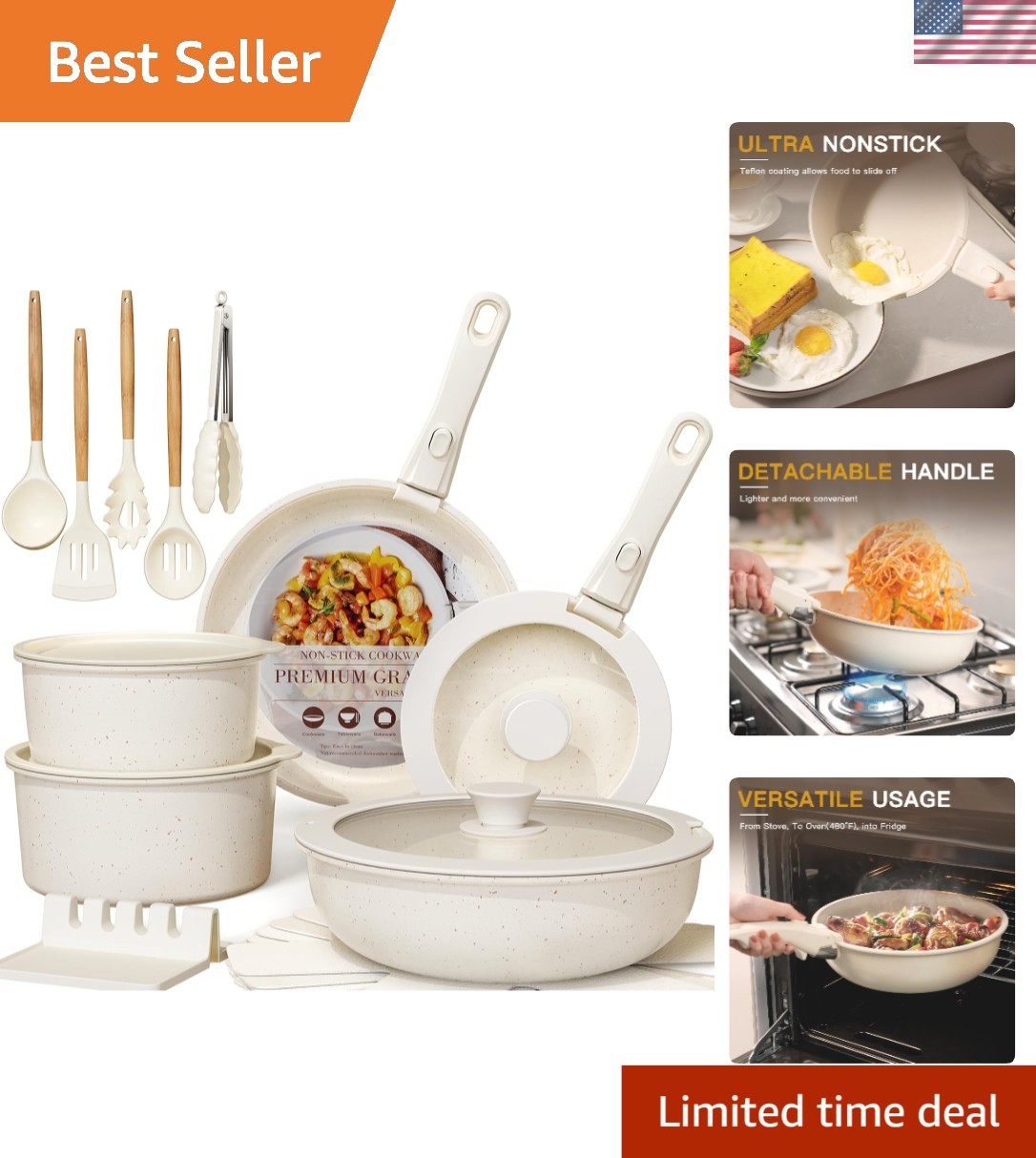Ceramic Non-stick Cookware Set 21 Pcs Pots Pans Kitchen Combo Oven Safe Induc…