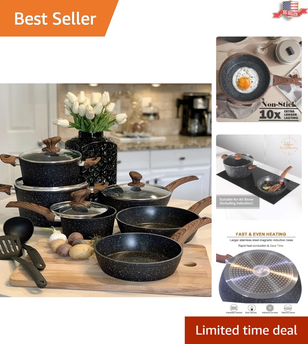 12-Piece Granite Black Cookware Set – Eco-Friendly Nonstick Induction Compatible
