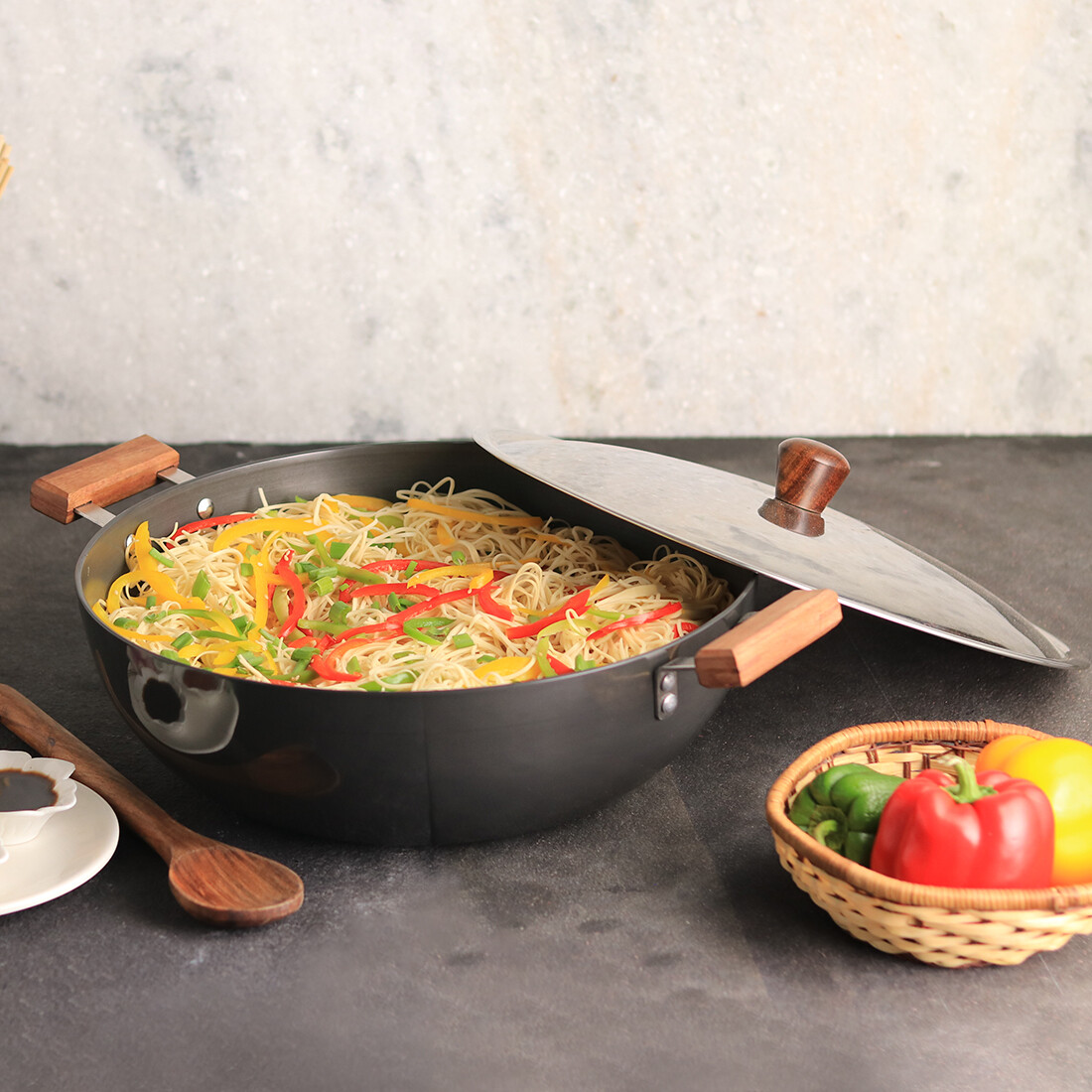 Wonderchef Ebony Non-Toxic Deep Kadhai Wok with Lid and Handles, 24cm, 30cm
