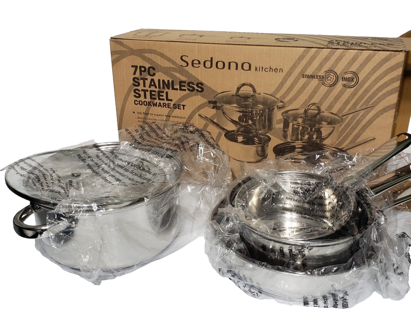 NEW Sedona Stainless Steel 7-Pc. Cookware Set, 4 Pans 3 Glass Lids