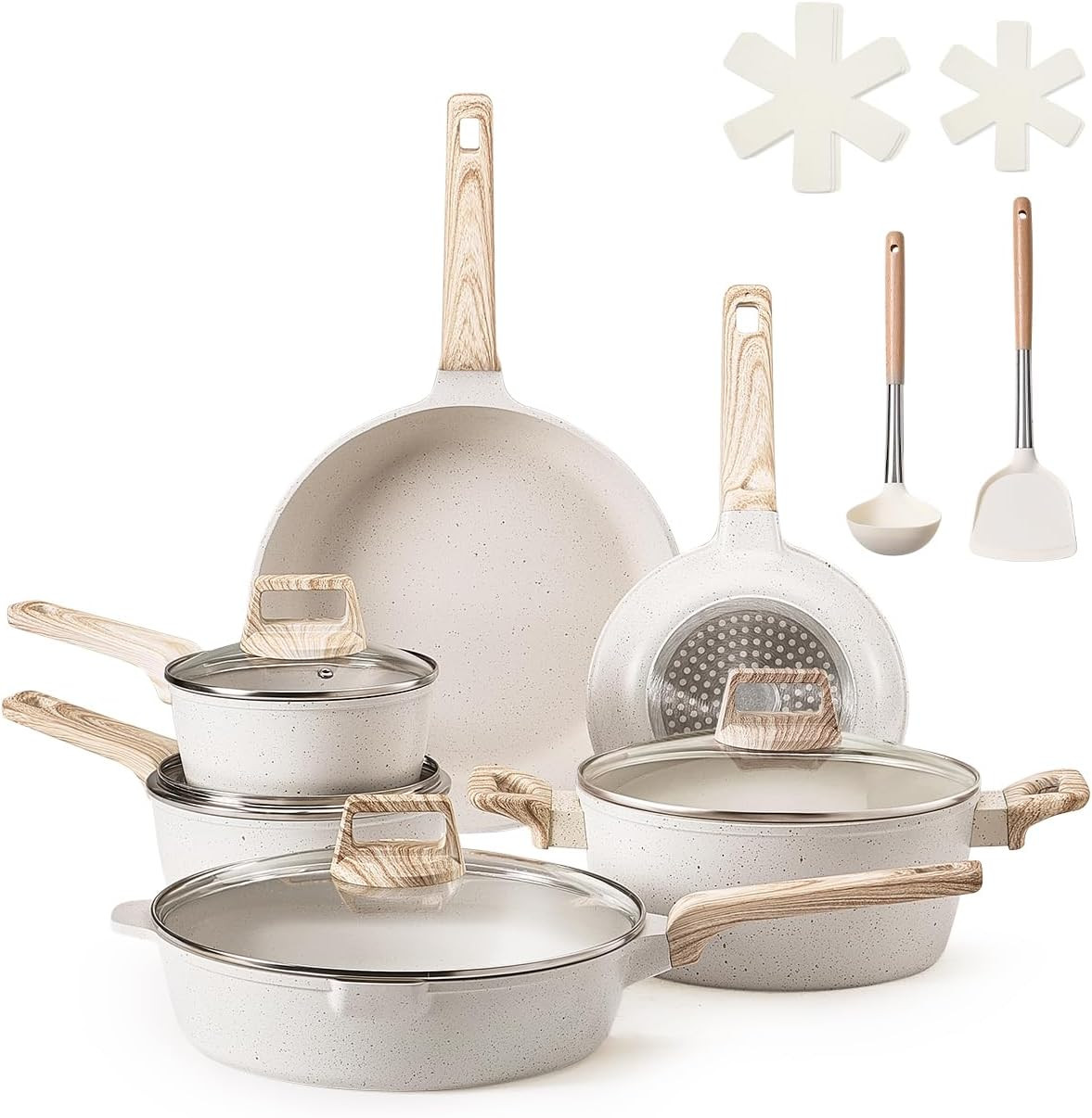 17-Piece Nonstick Granite Cookware Set with Glass Lids & Protectors