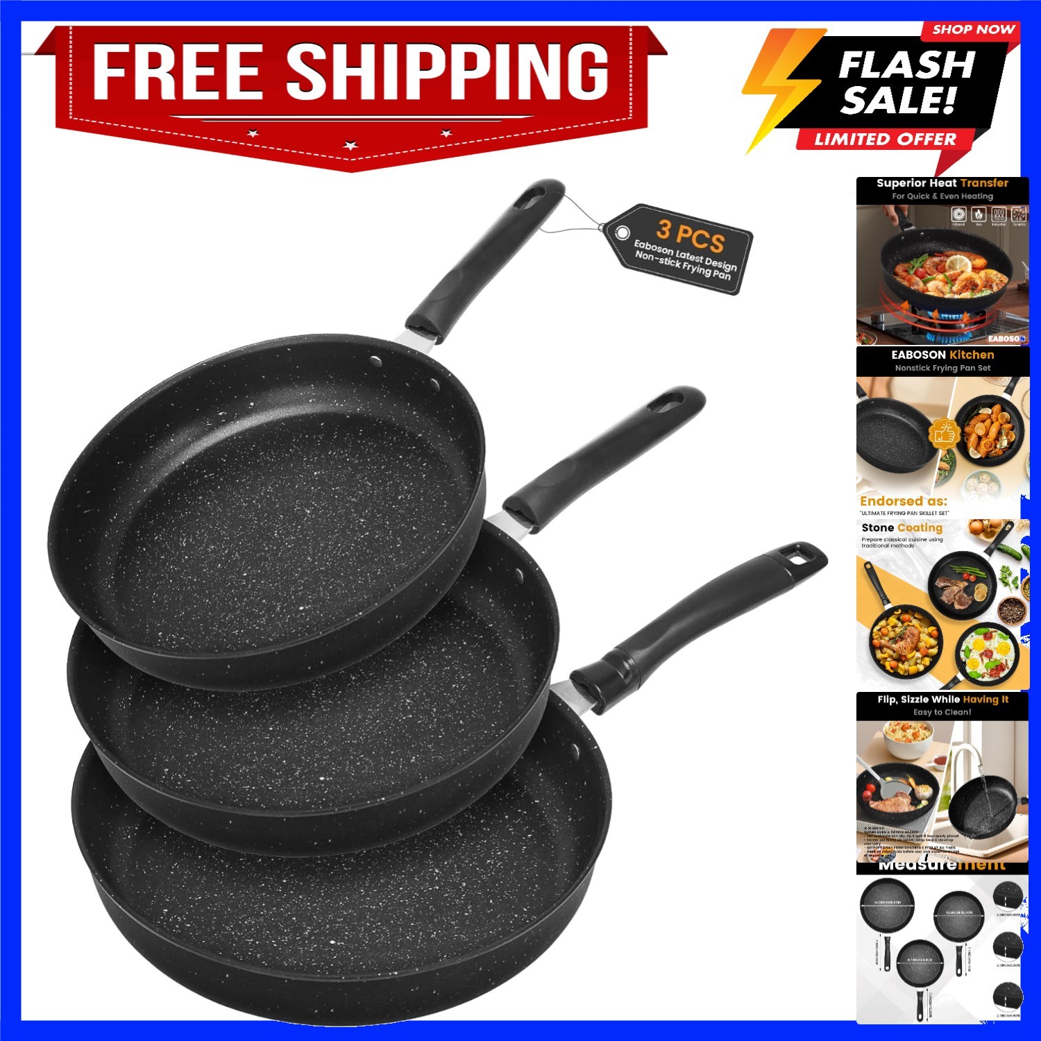 Nonstick Frying Pan Skillet 3 Piece Set, Stone Coating Cookware, 9, 10 & 11 I…