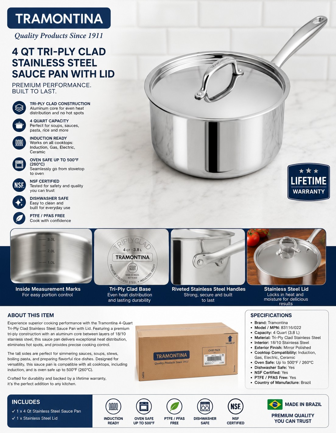 Tramontina Tri-Ply Clad 4 Qt Stainless Steel Sauce Pan w/ Lid Induction New