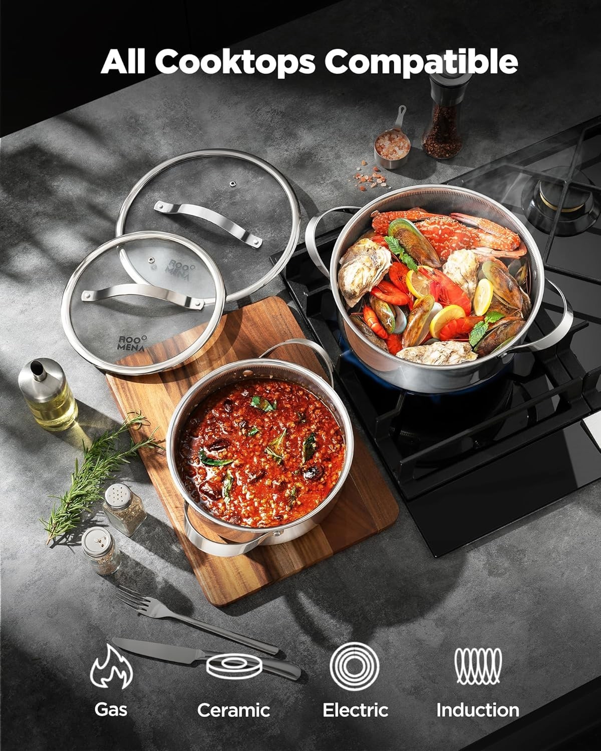 Pots and Pans Set Hybrid Stainless Steel, 17PC Nonstick Tri-Ply Cookware Set w/F