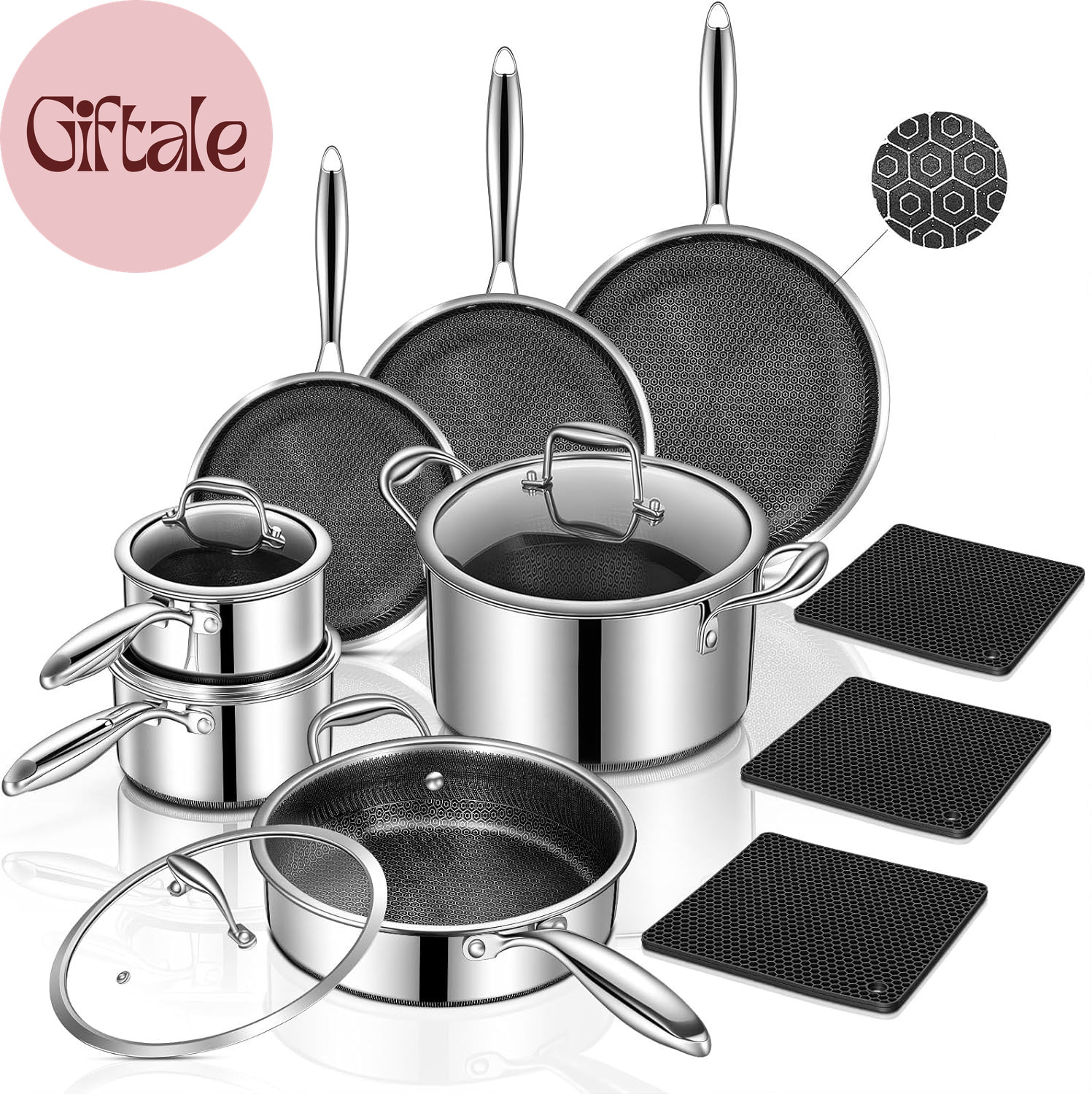 14 Piece Hybrid Stainless Steel Cookware Set Nonstick Pots and Pans