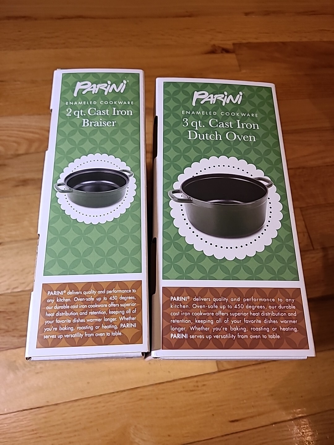 Parini 2 qt Cast Iron Braiser and 3 qt Cast Iron Dutch Oven New Sealed (No Lid)
