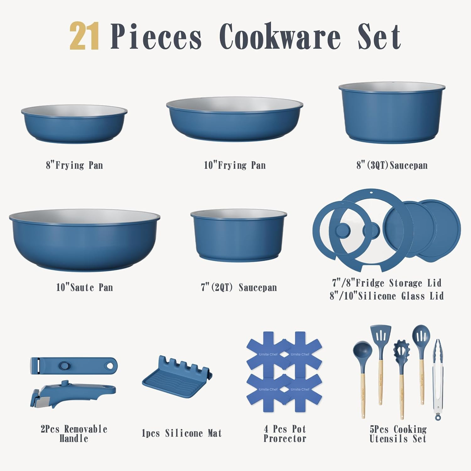 Umite Chef Pots and Pans Set Non Stick, 21 Pcs Ceramic Cookware Set with Detacha