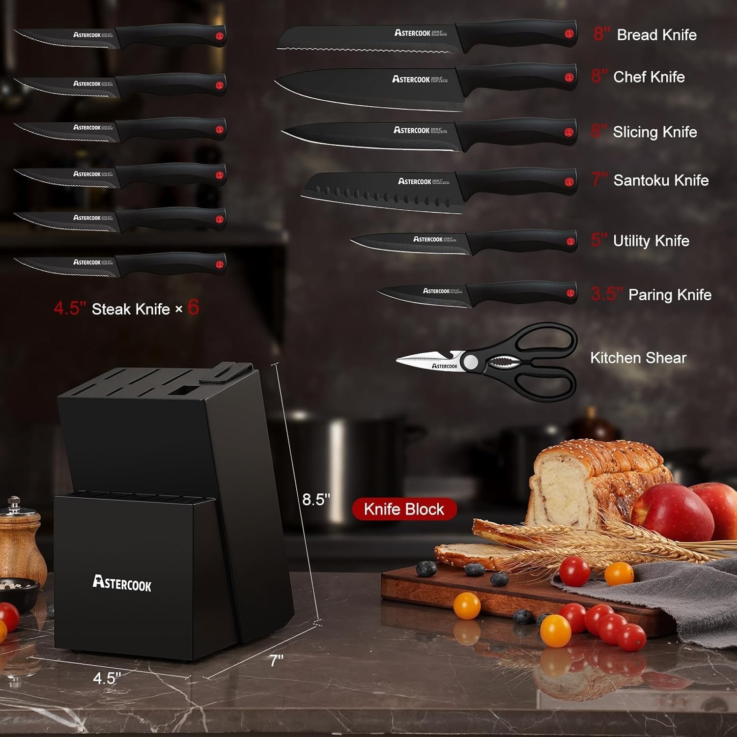 Astercook 15 Piece Kitchen Knife Set with Block Dishwasher Safe