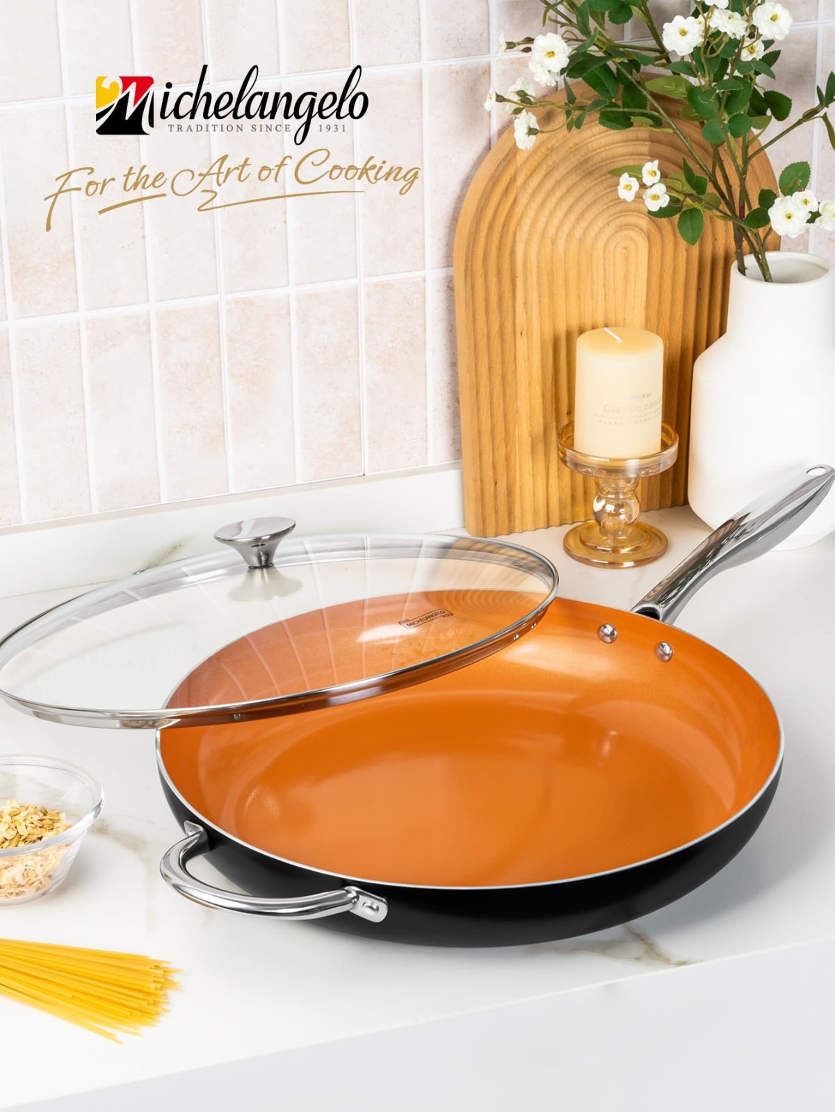 Large 14″ Ceramic Nonstick Frying Pan with Lid, Induction Compatible Skillet