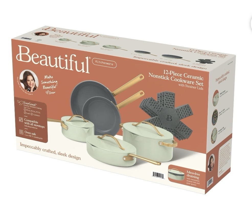 Beautiful by Drew Barrymore 12 Pc Ceramic Nonstick Cookware Set Sage Green New