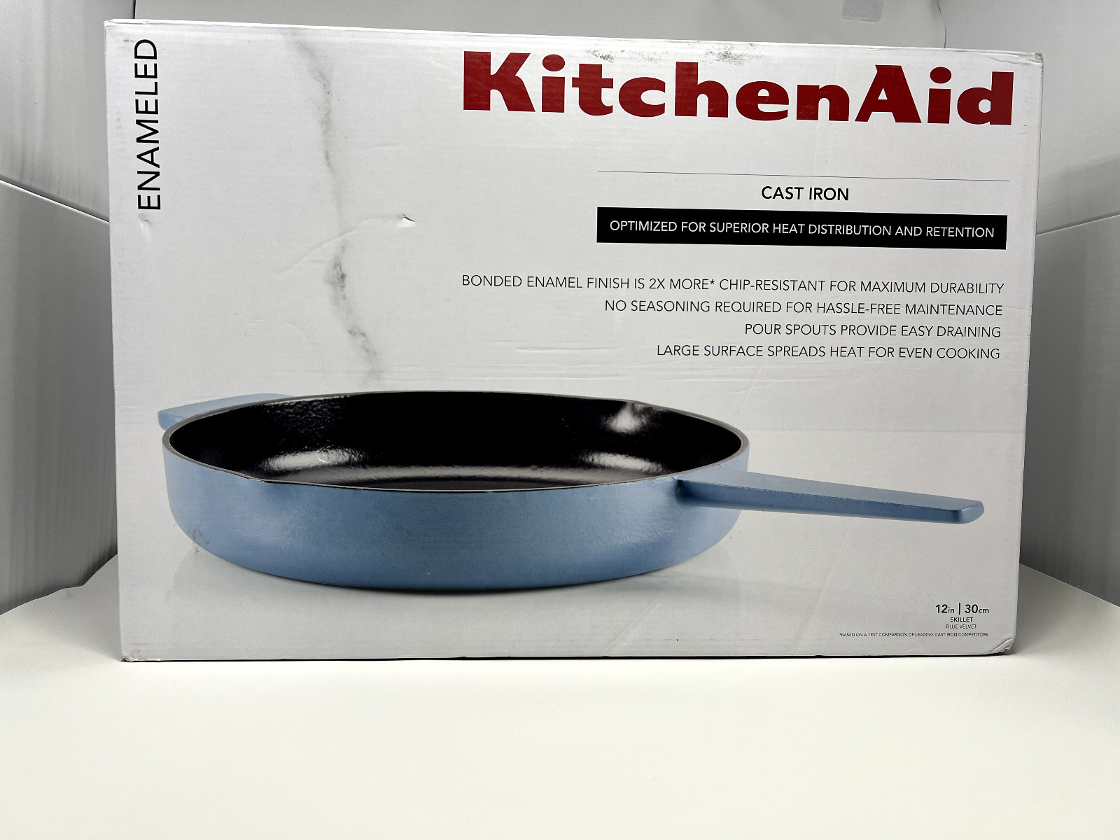 Kitchenaid Enameled Cast Iron Skillet with Helper Handle Pour Spouts Blue Velvet