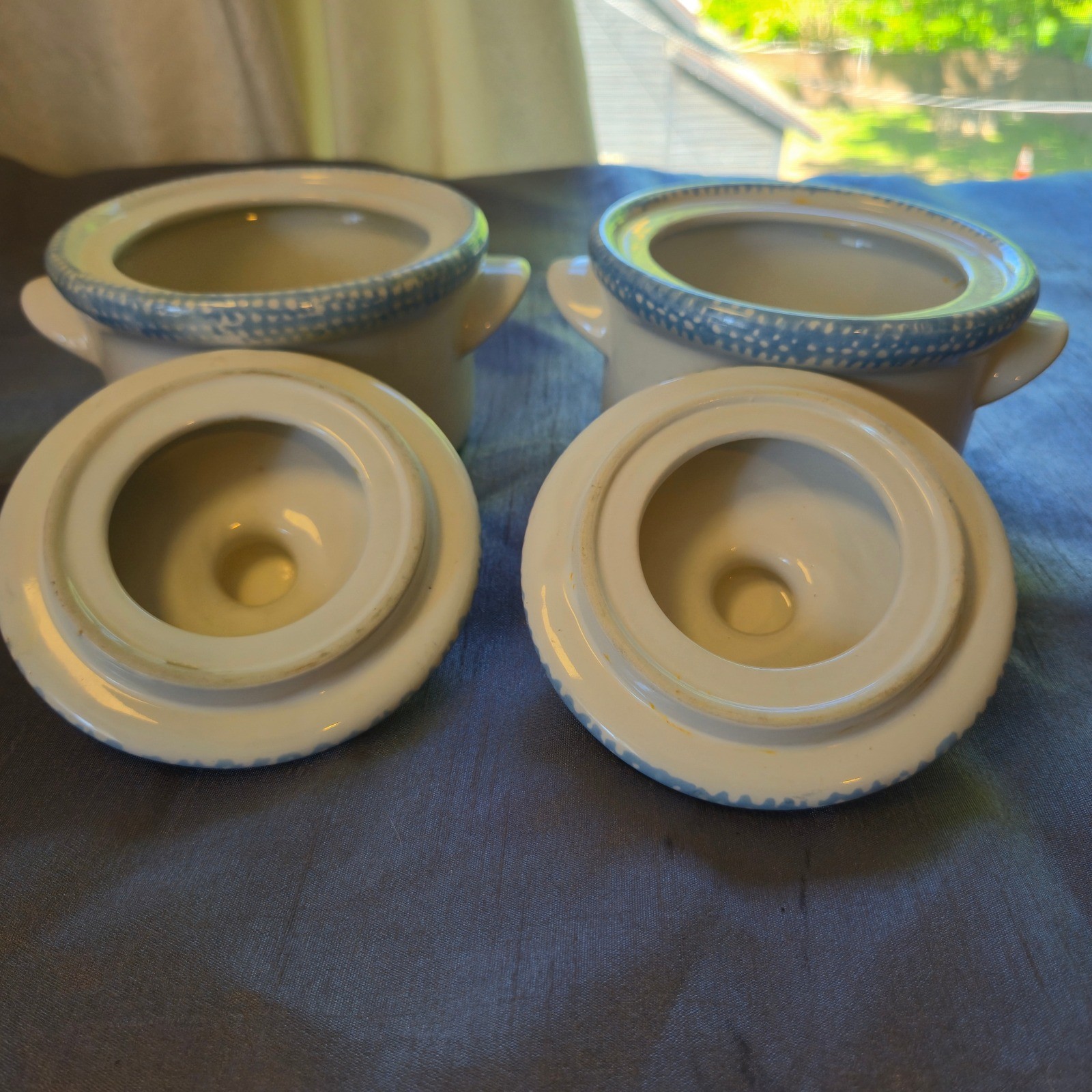 Stoneware Mini Crocks w/ Lids Blue Heart Spongeware Bean Soup Pots Set of 2