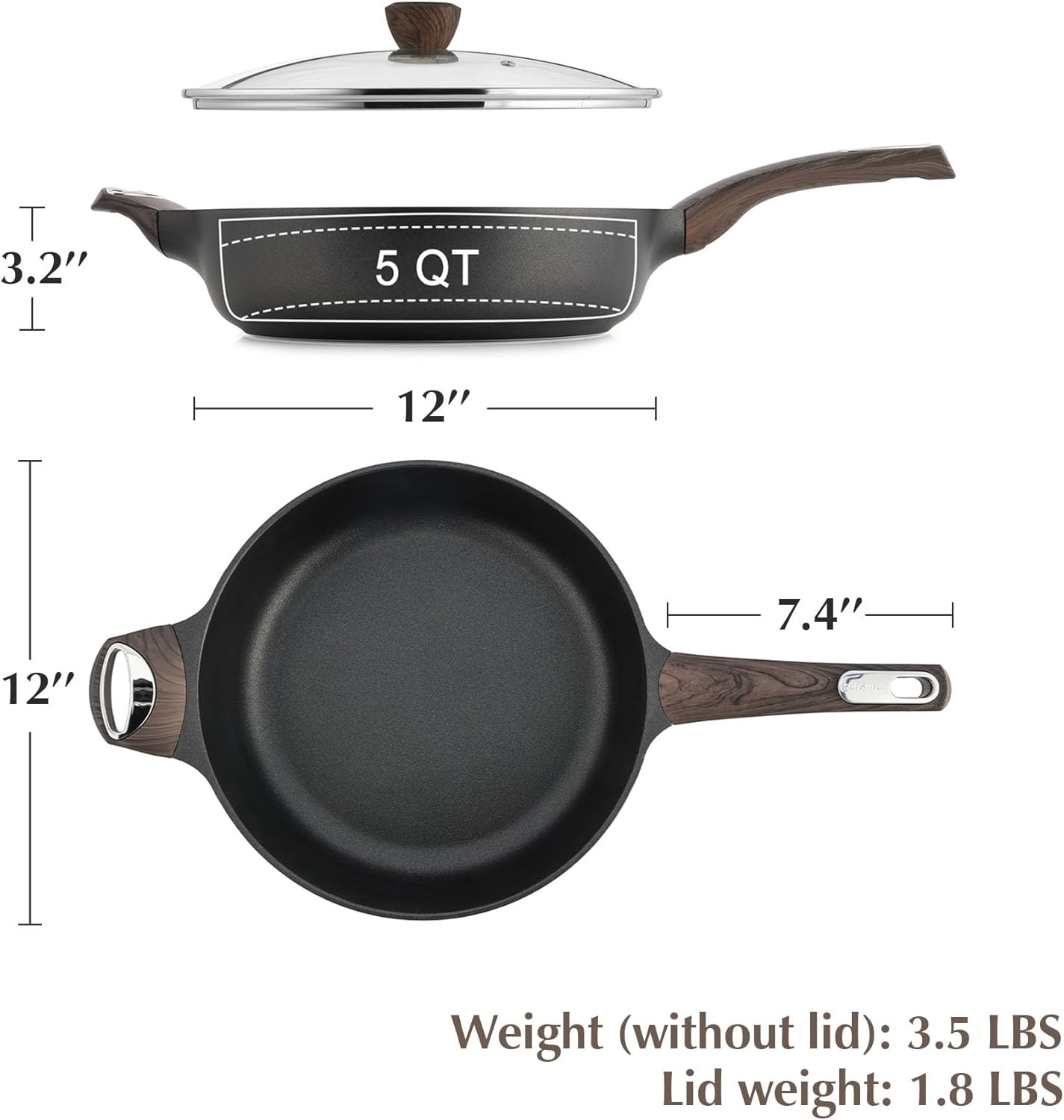Nonstick Frying Pan Skillet with Lid, 12 Inch Large Deep Frying Pan, 5 Qt Non St