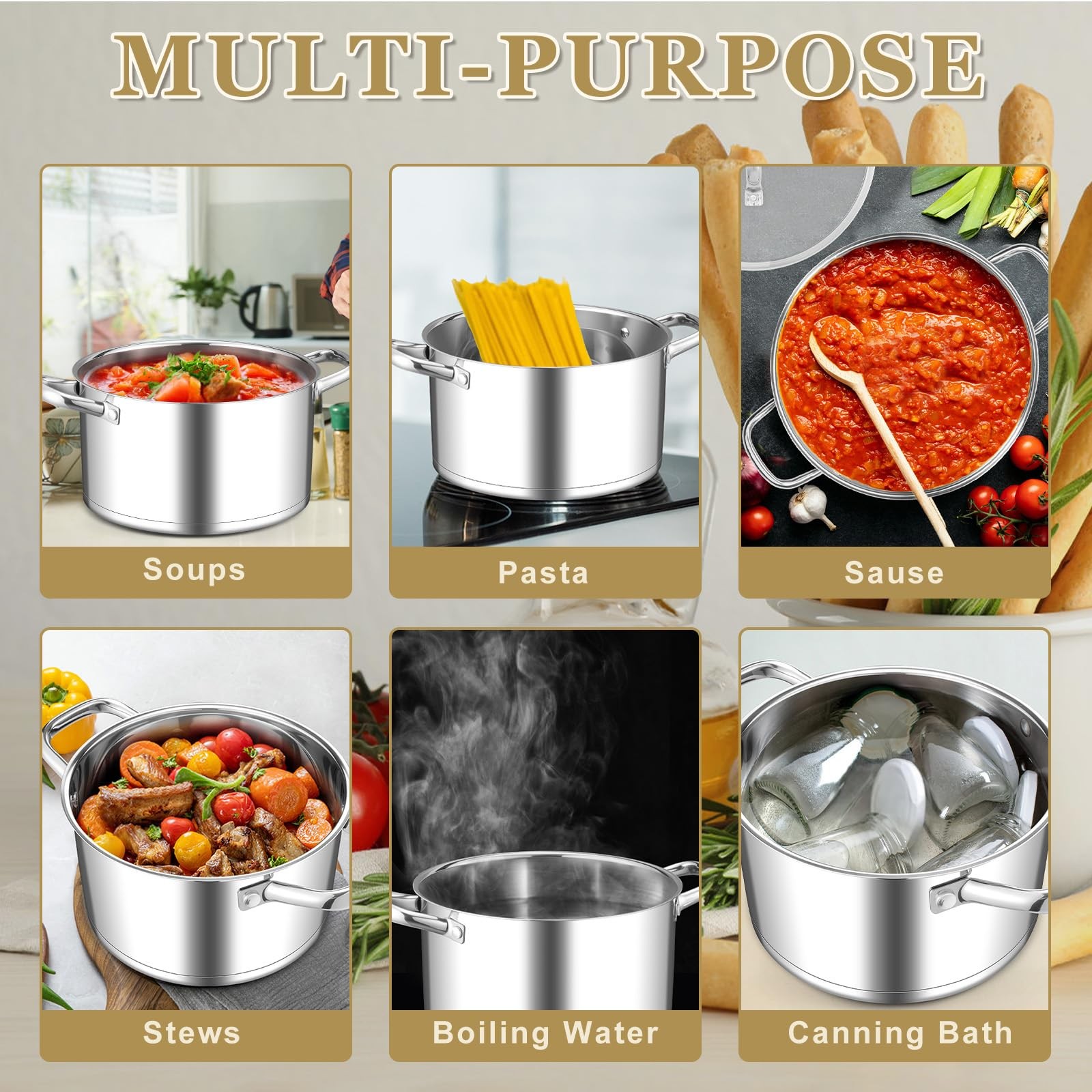 Stainless Steel Stock Pot, 8 Quart Stock Pot with Visible Lid, Heavy Duty 3-P…