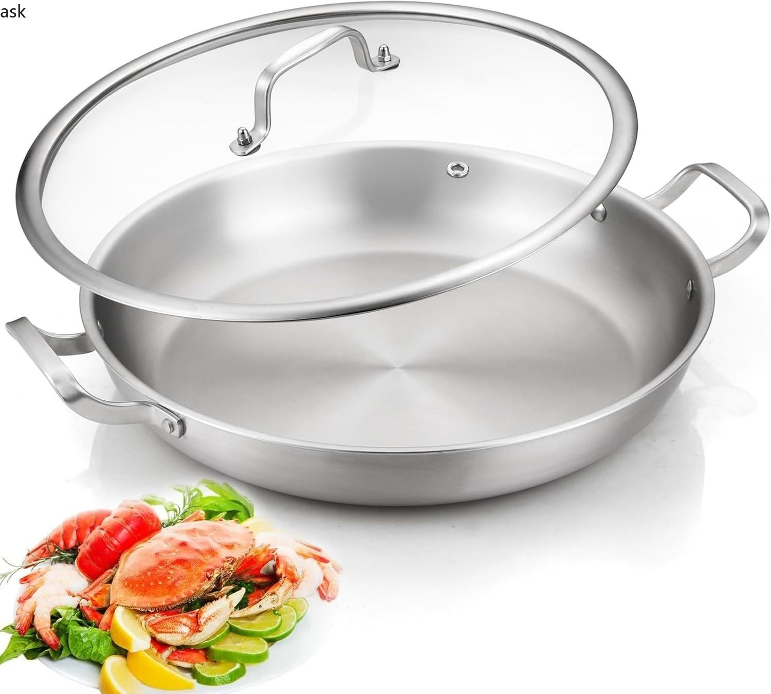 DELARLO Paella Pan 14 Inch Tri-Ply Stainless Steel Paella Pan with Lid,14Inch/SS
