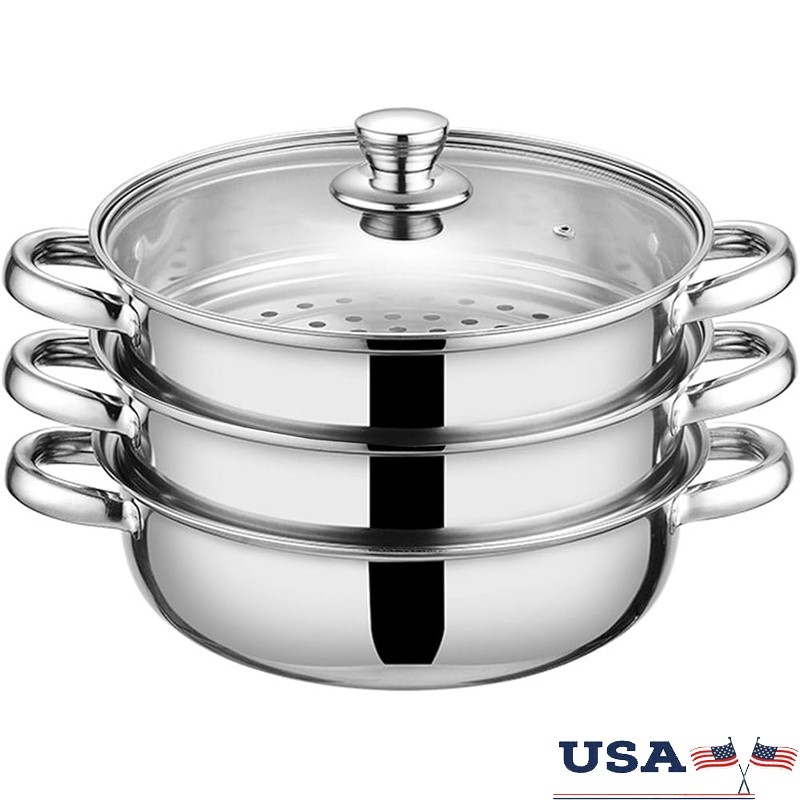 Stainless Steel Steamer Pot W/ Glass Lid Multi Layer Cooking Healthy Meals New