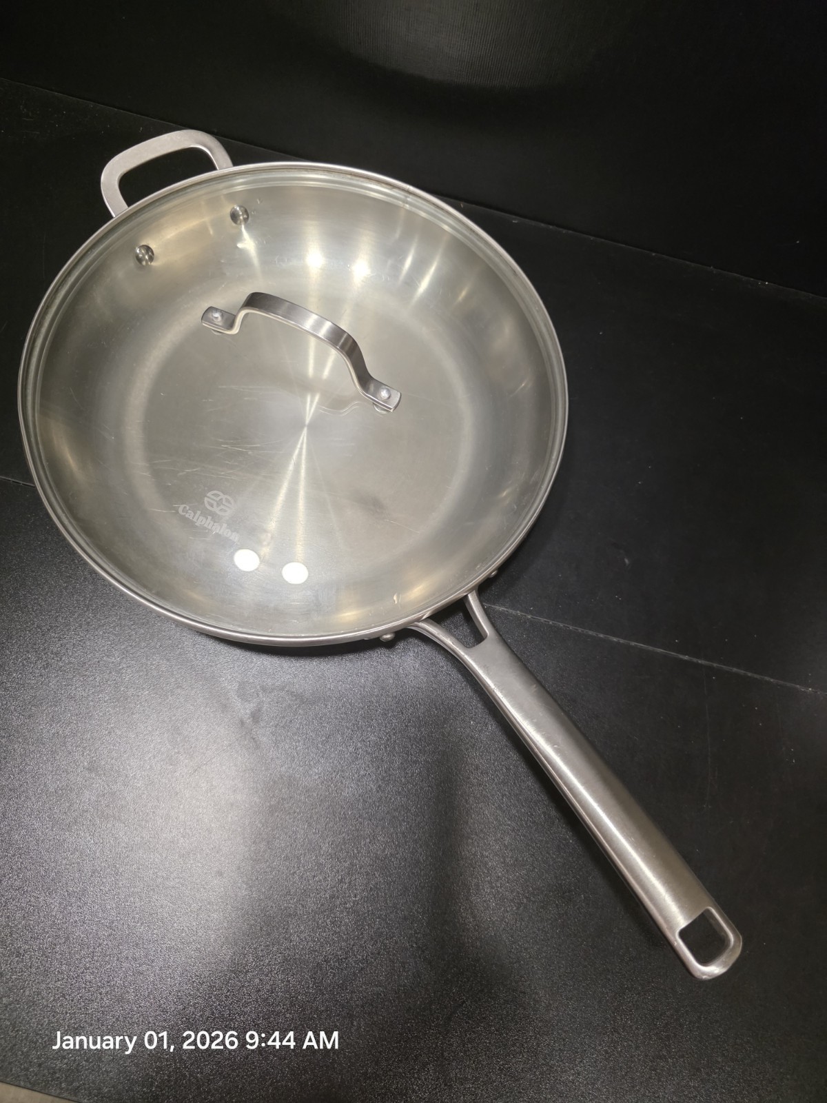 Calphalon Stainless Cookware Lot 12″ w Lid, 10″, 8″ Skillets, 3 Qt Saucepan
