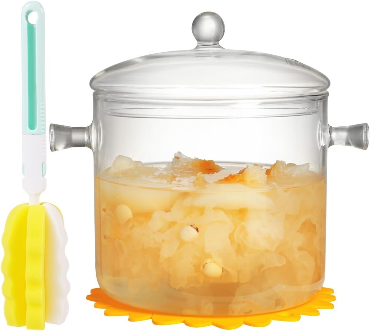 Glass Cooking Pot with Lid Brush and Hot Pads 3L Borosilicate Stovetop Pan