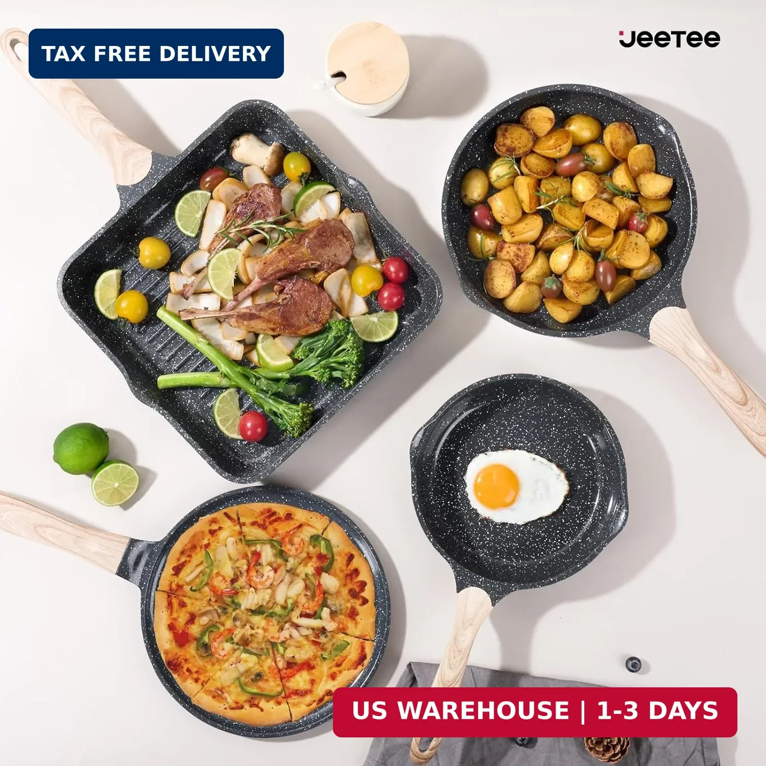 JEETEE 24Pcs Ceramic Cookware Set, Gray Pots and Pans Set Non Stick, Kitchen Hea
