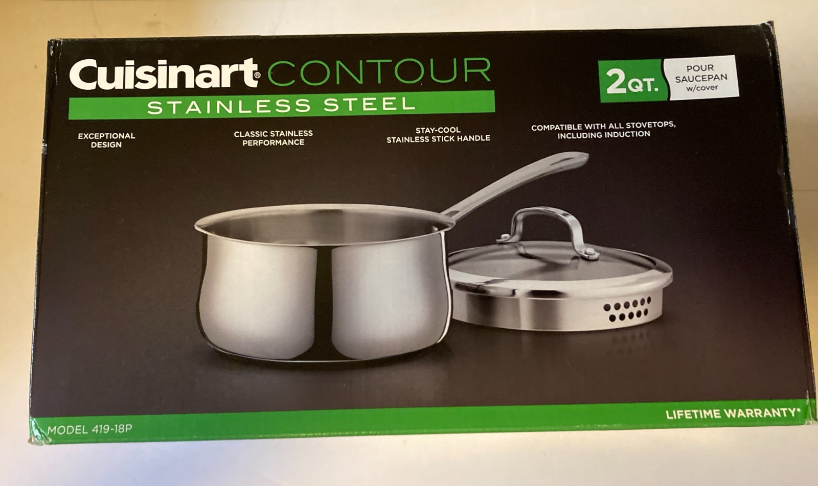 Cuisinart Contour Stainless Steel 2 Qt Pour Saucepan with Cover Brand New