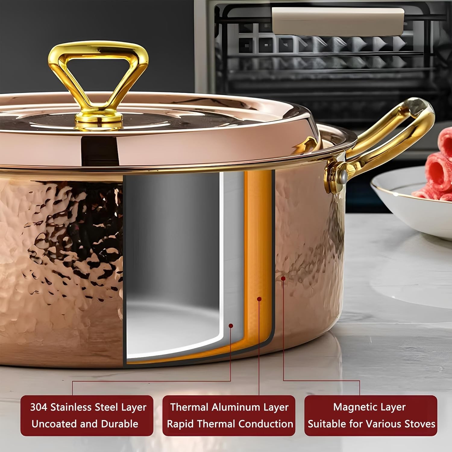 6.7QT Hmered Sto Pot with Lid, Copper Rose Gold, Tri-Ply Stainl
