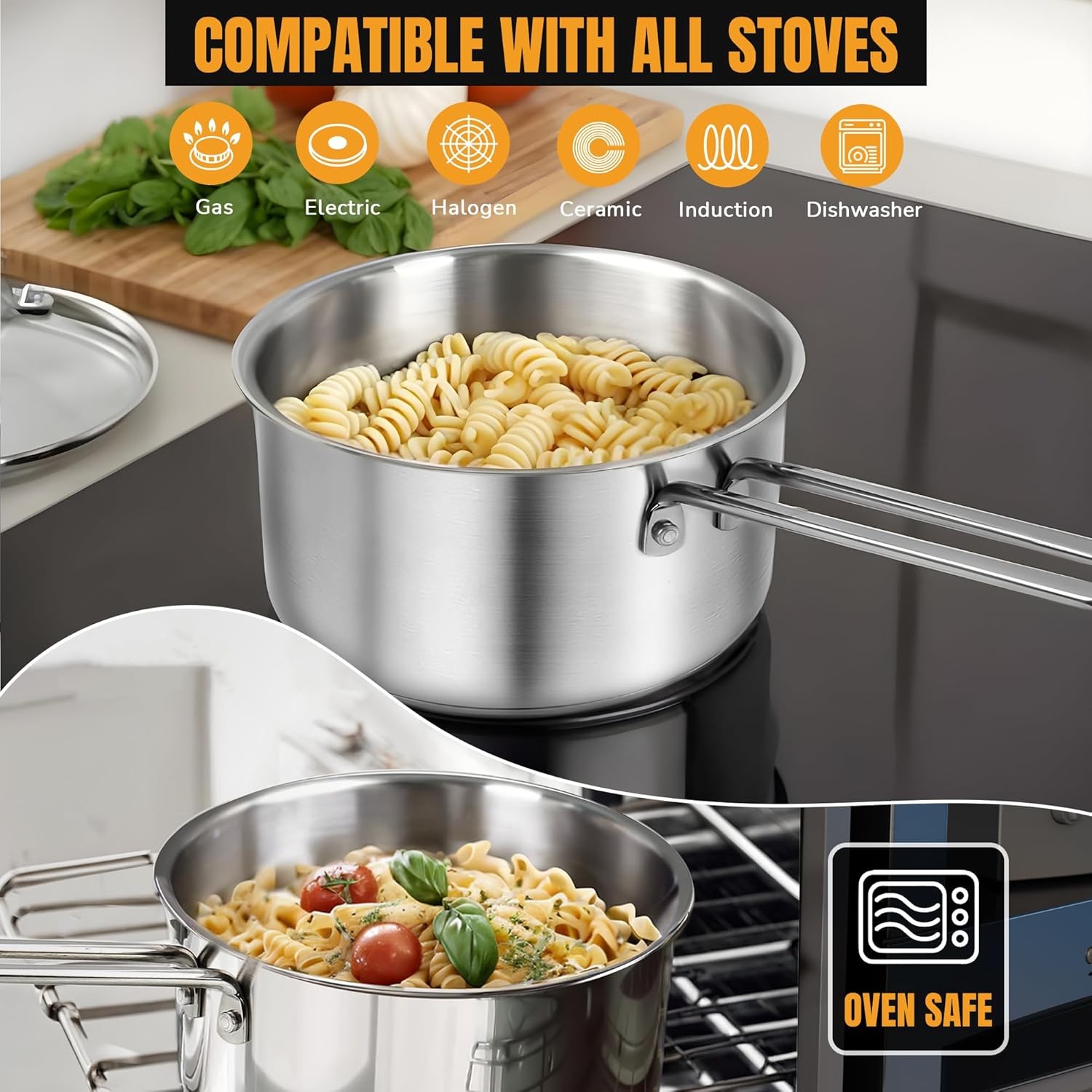 2 Quart Tri-ply Stainless Steel Saucepan with Glass Lid, Induction Sauce Pan