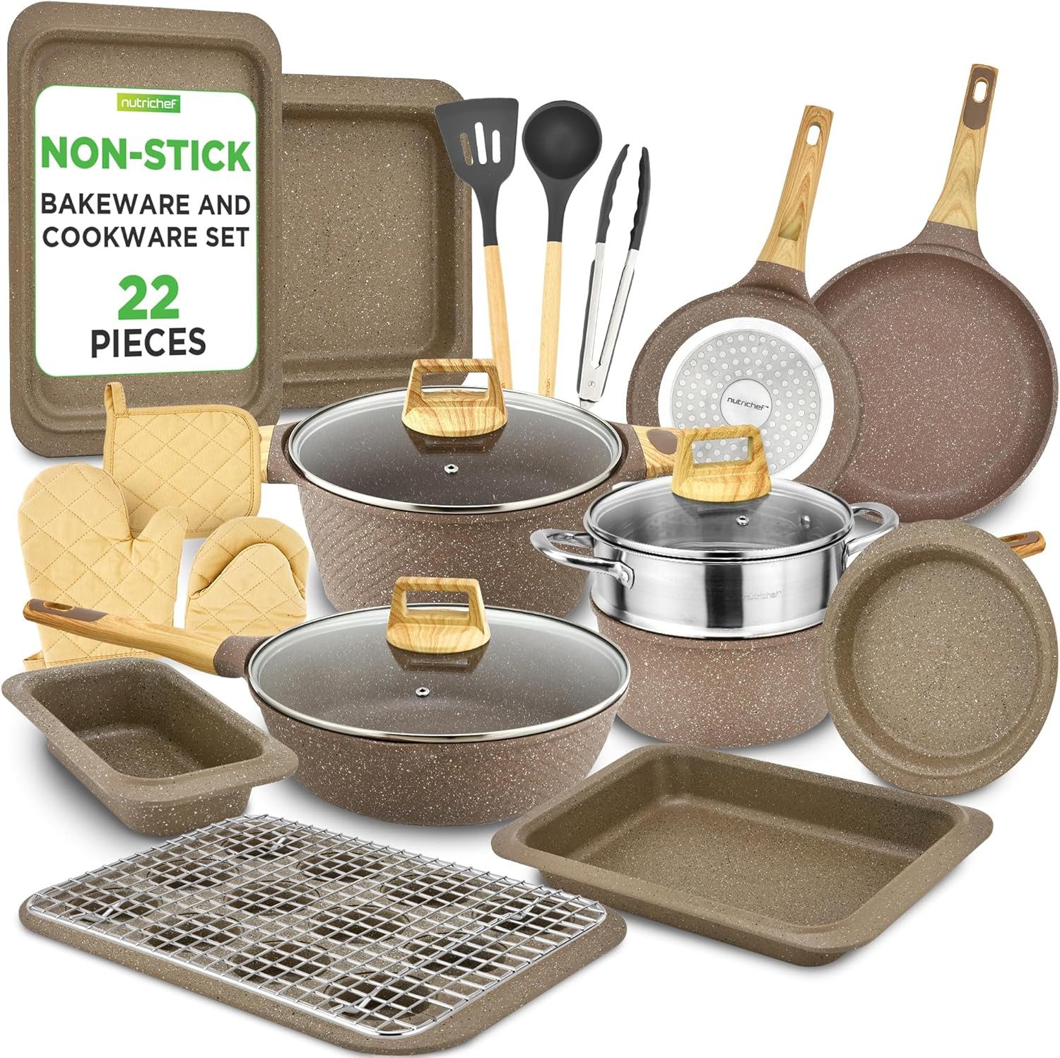 Maroon Marble 22-Piece Non-Stick Cookware & Bakeware Set for Home Chefs