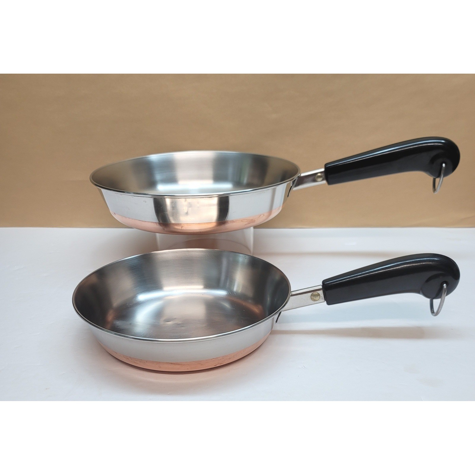 Vtg Revere Ware Copper Bottom/Stainless Skillet Set 7 & 9 inch Frying Pans USA