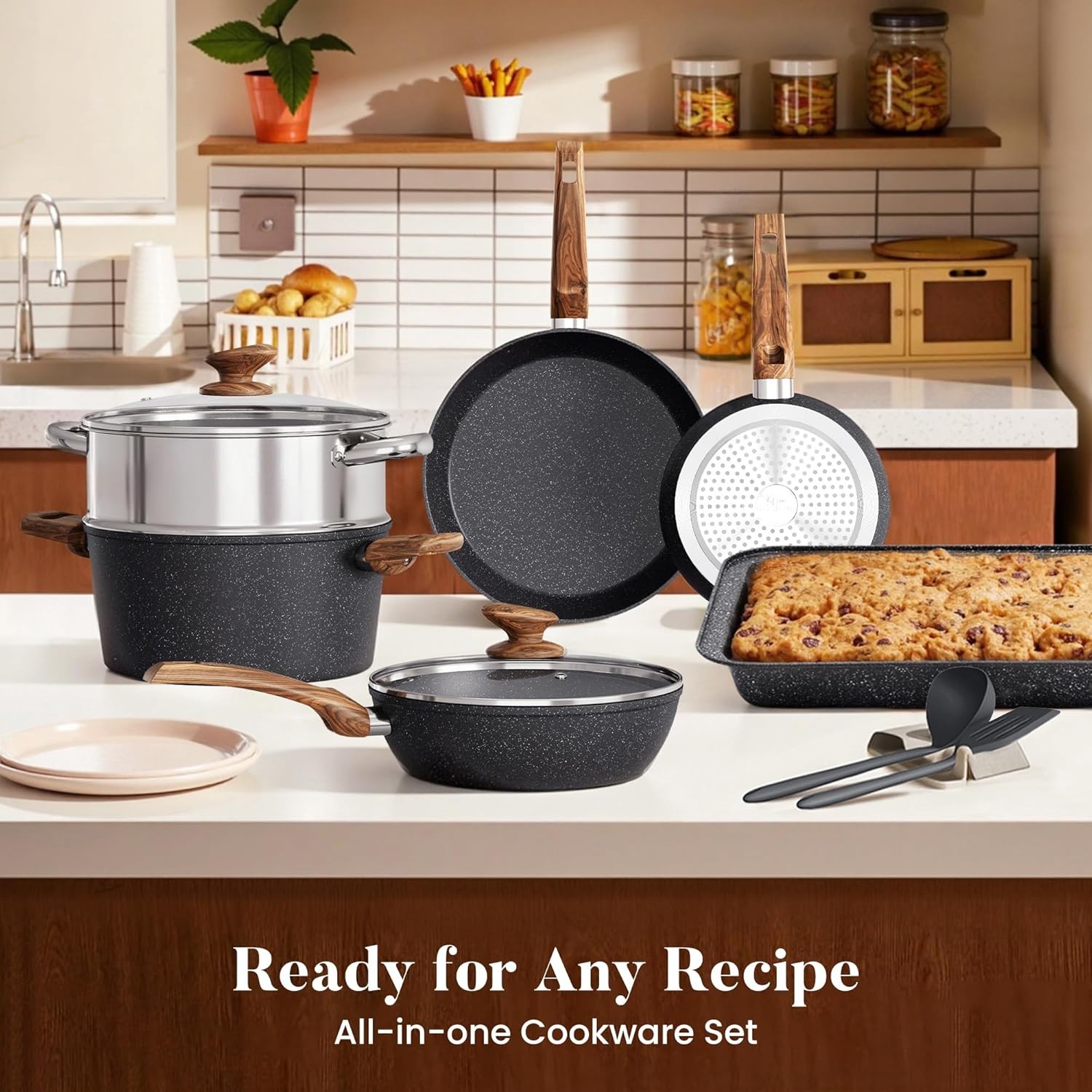 New Cookware Set-17 Piece Non-Stick Cooking Pan Set, Black Granite Pots and Pans