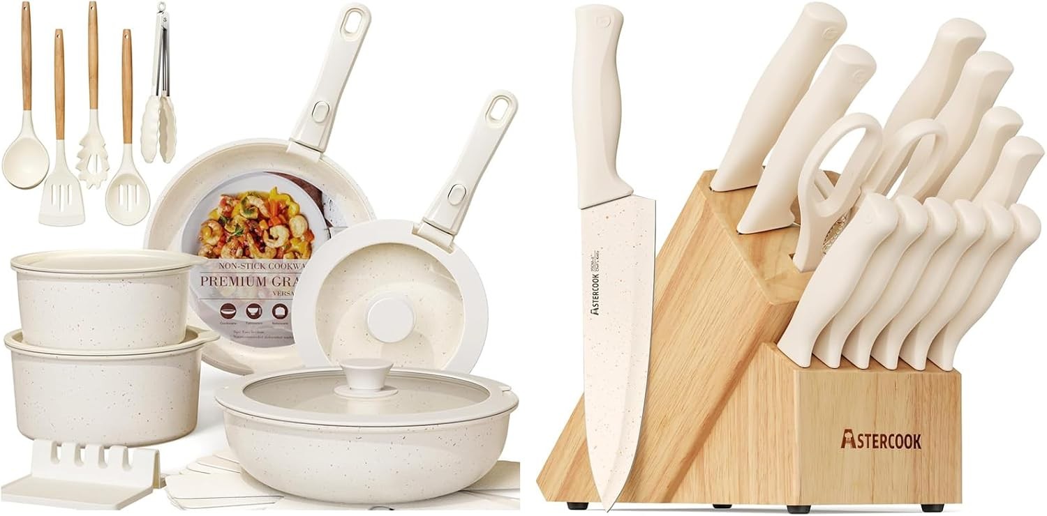 Ceramic Non-stick Cookware 21 Pcs Pots and Pans Set, and 15 Pcs Kitchen Knife