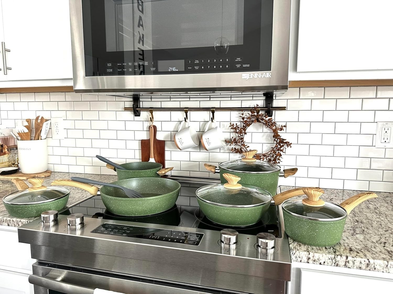 Pots and Pans Set Non Stick, 12 Piece Green Granite Kitchen Cookware Inductio…