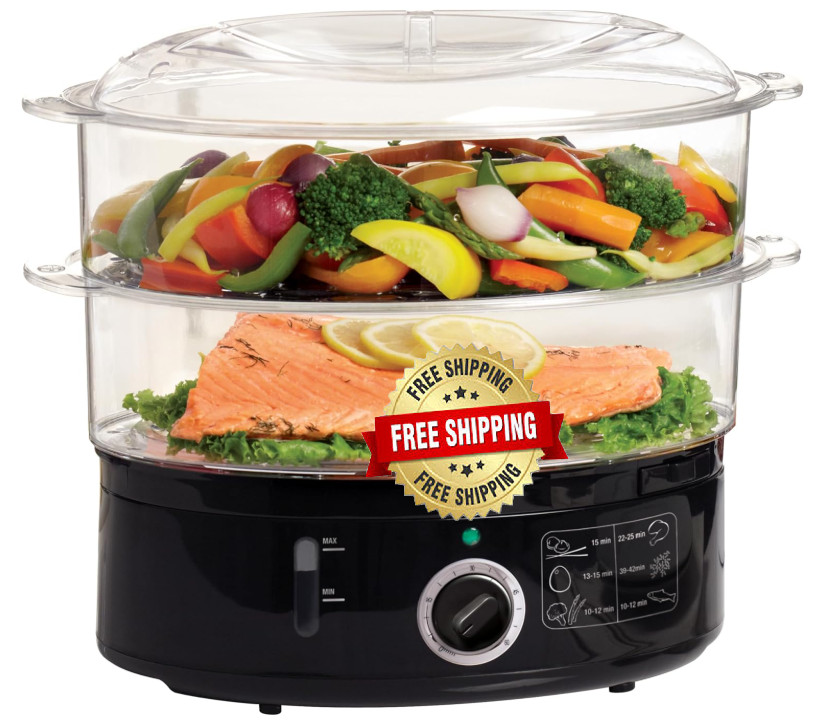 Vaporera de 2 Niveles 7.4 Qt con Tapas y Cestas Apilables, Apagado Automático
